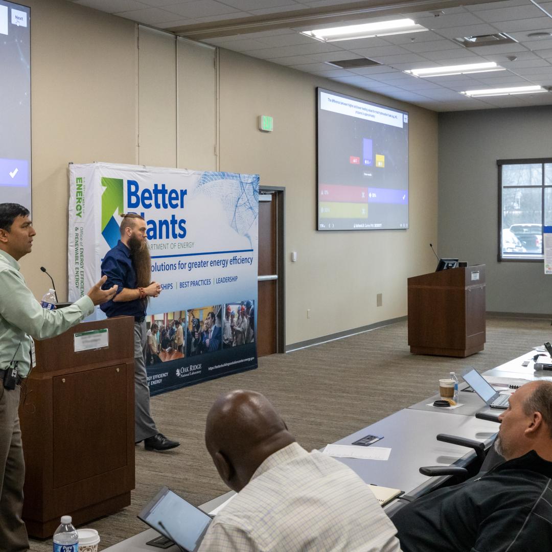 Oak Ridge National Laboratory’s Sachin Nimbalkar, left, and Thomas Wenning guide energy-saving training activities for industry during Energy Bootcamps, hosted by DOE’s Better Plants program. Credit: ORNL, U.S. Dept. of Energy
