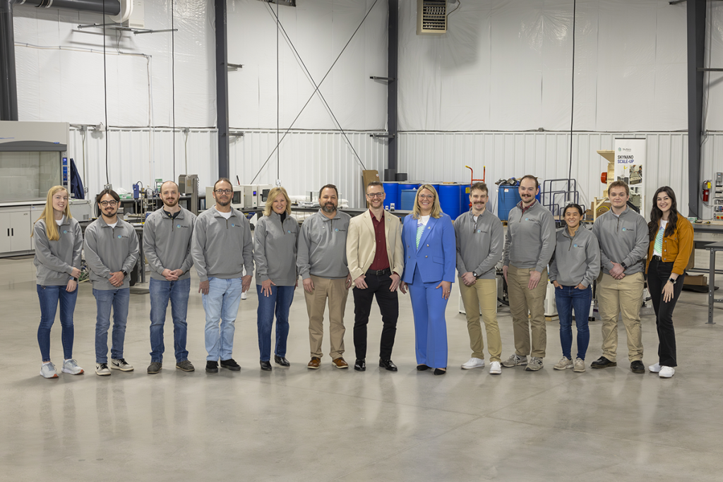The SkyNano team poses for a photograph during the March 20 ribbon-cutting event at their new facility in Louisville, Tennessee. Credit: Carlos Jones/ORNL, U.S. Dept. of Energy
