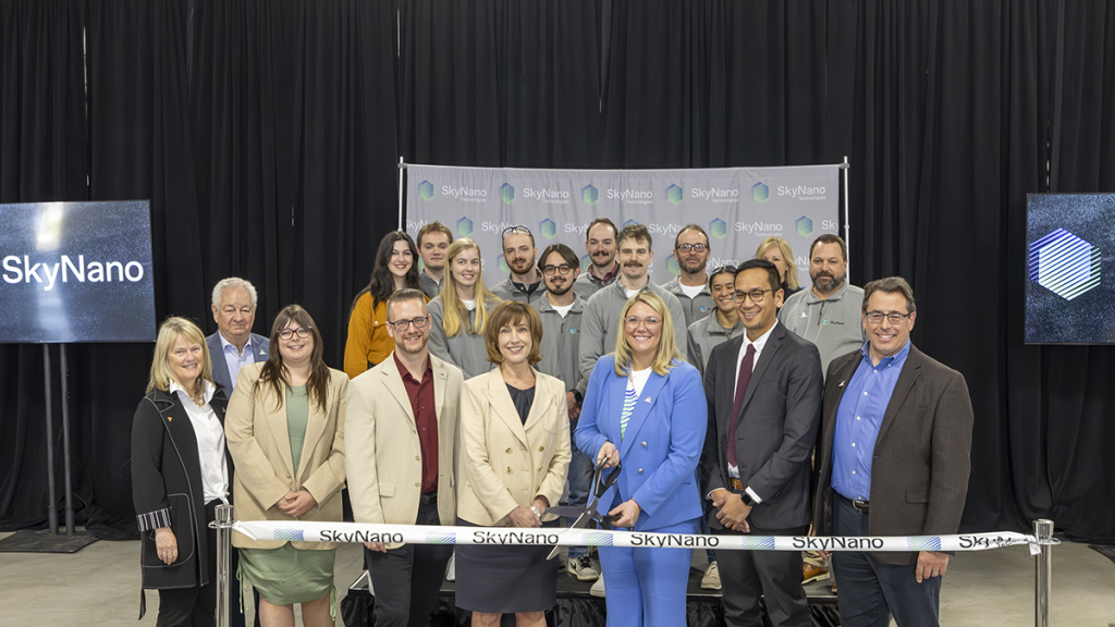 Representatives from several local partners attended a ribbon-cutting for the new SkyNano facility in Louisville, Tennesse. Front row, from left to right are Deborah Crawford, vice chancellor for research at the University of Tennessee, Knoxville; Tom Rogers, president and chief executive officer of the UT Research Park; Lindsey Cox, CEO of LaunchTN; Cary Pint, SkyNano co-founder and chief technology officer; Susan Hubbard, ORNL deputy for science and technology; Anna Douglas, SkyNano co-founder and CEO; Ch