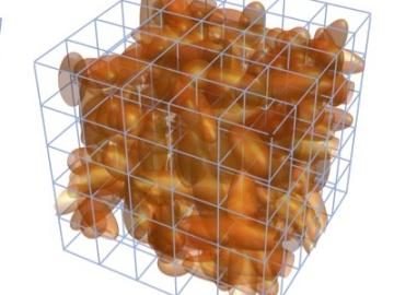 Graphic depiction of a neutron star, which looks like orange beans inside a cage