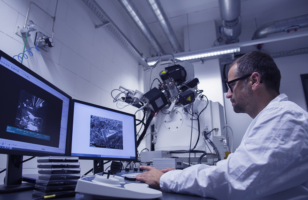 Lab researcher working with SEM images