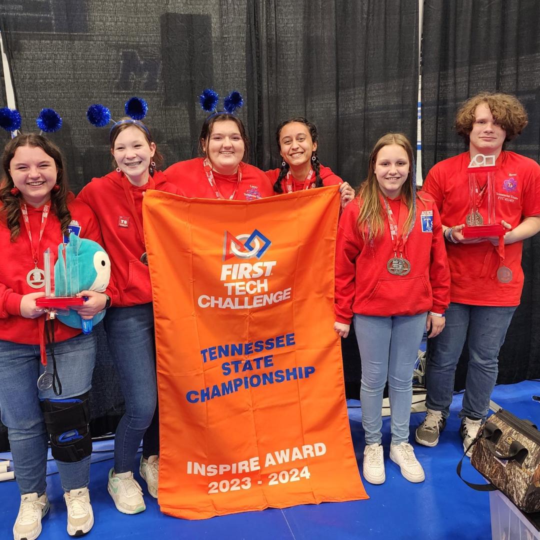 The Tennessine Titans after winning the 2024 INSPIRE Award at the FIRST Tech Challenge Tennessee State Championship. Credit: Cleve Coates