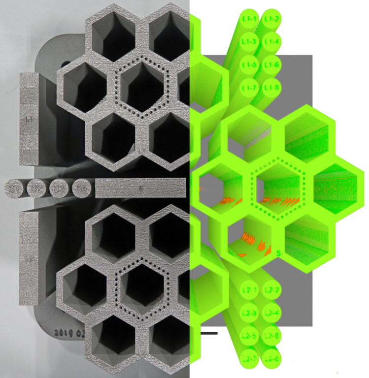split screen top-down view of a 3d printed component where the left side shows the real metal printed component and the right side comparison shows AI-detected defects.  