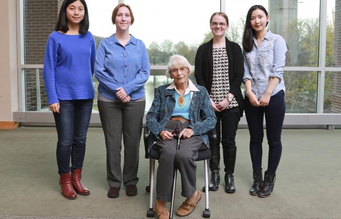 Liane Russell championed science careers for women, and ORNL's Russell Fellowships are named for her. She is shown here with the program’s first group of fellows in 2015: (l-r) Huina Mao, Kelly Chipps, Catherine Schuman and Huiyan Zhu.  