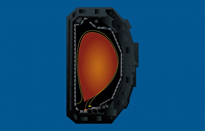 This cross-section of the DIII-D tokamak shows how ORNL researchers used natural tungsten (yellow) and enriched tungsten (orange) to trace the erosion, transport and redeposition of tungsten. Tungsten is the leading option to armor the inside of a fusion device. Credit: Jaimee Janiga/ORNL, U.S. Dept. of Energy