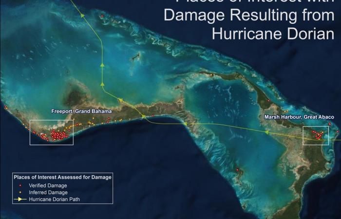 An image generated by PlanetSense shows how Oak Ridge National Laboratory scientists helped pinpoint damage to aid relief efforts in the Bahamas during Hurricane Dorian.