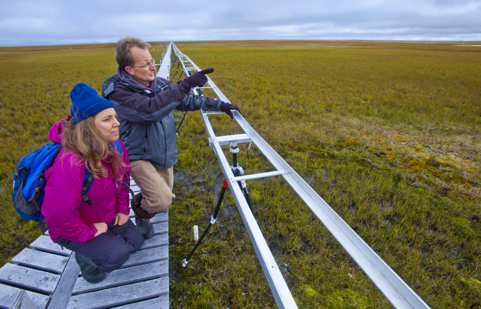 Margaret Torn, left, NGEE Arctic team member from Lawrence Berkeley National Laboratory, with Stan Wullschleger at a field site in northern Alaska. Credit: Lawrence Berkeley National Laboratory, U.S. Dept. of Energy.