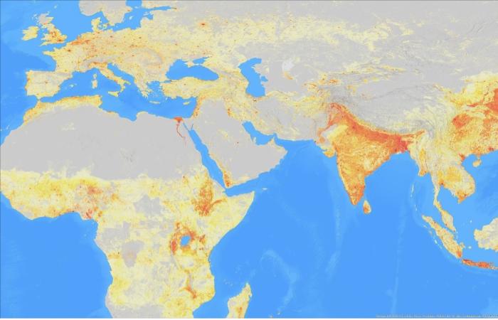 LandScan Global depicts population distribution estimates across the planet. The darker orange and red colors above indicate higher population density. Credit: ORNL, U.S. Dept. of Energy