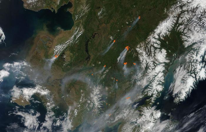A NASA satellite image from June 8, 2022, reflects smoke and red “hot spots” of wildfire resulting from more than a dozen active fires in southwest Alaska, as the largest tundra fire on record at the time burned hundreds of thousands of acres in the Yukon Delta. Source: NASA MODIS