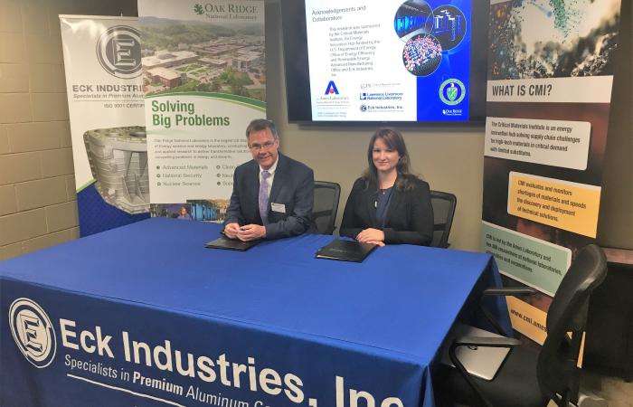 ORNL Director of Technology Transfer Michael Paulus, Eck Industries President Kiley Eck Hayon, at the licensing ceremony.