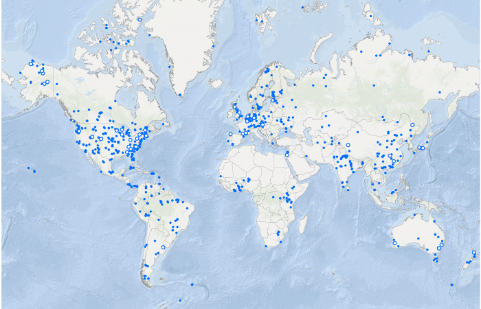 Map of locations associated with FRED observations.