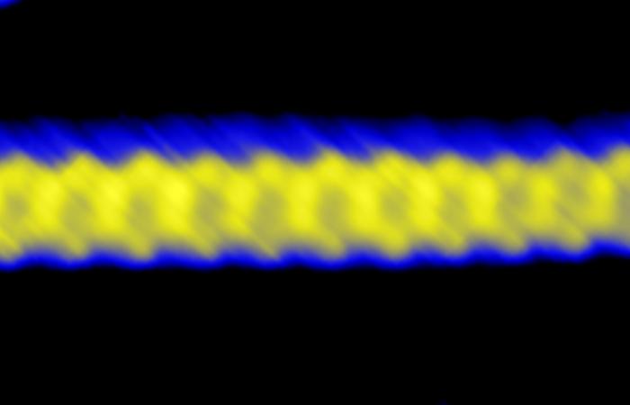 This graphene nanoribbon was made bottom-up from a molecular precursor. Nanoribbon width and edge effects influence electronic behavior. Image credit: Oak Ridge National Laboratory, U.S. Dept. of Energy.