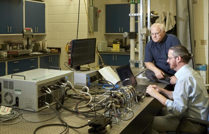 L-R: Roger Kisner, Alexander Melin with the magnetic suspension testbed and its associated electronics and controls.