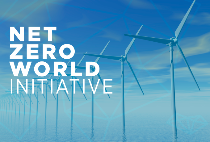 Background shows windmills in shallow water, foreground has text that reads "Net Zero World Initiative"
