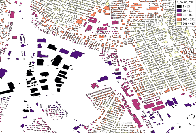Colorful map of a city showing outlines of buildings