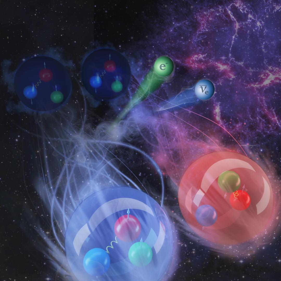 A blue and a red ball simulating nucleons fly across a galactic background