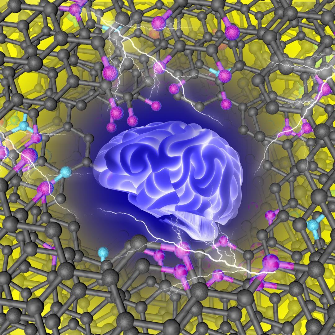 Conceptual art depicts machine learning finding an ideal material for capacitive energy storage. Its carbon framework (black) has functional groups with oxygen (pink) and nitrogen (turquoise). Credit: Tao Wang/ORNL, U.S. Dept. of Energy