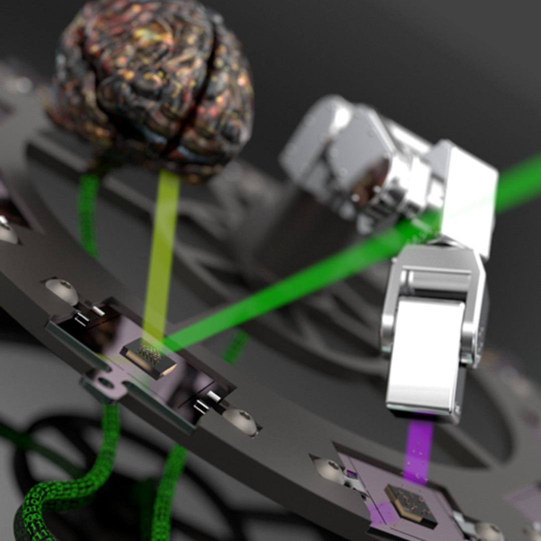 In this artist’s conception of the process, an automated deposition system places a new material onto a base material (purple beam, right) as the last sample that was made is analyzed and sent to the AI (green beams, brain, left). The AI tells the pulsed laser deposition machine what to do next (data cable, bottom). 