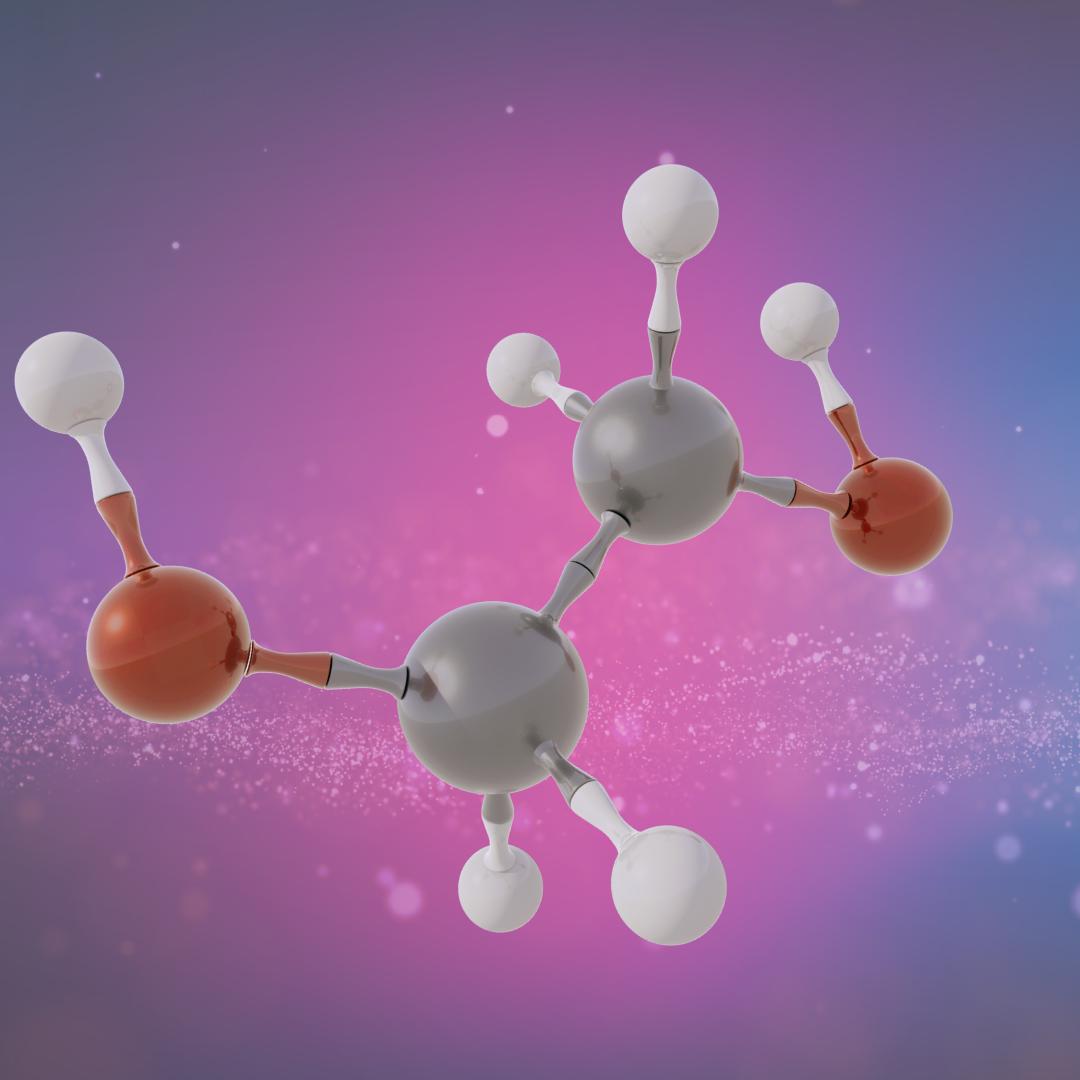 The image depicts a molecule made up of 6 white balls, two smaller red balls and two larger grey balls. This molecule is against a pink, blue and purple background. 
