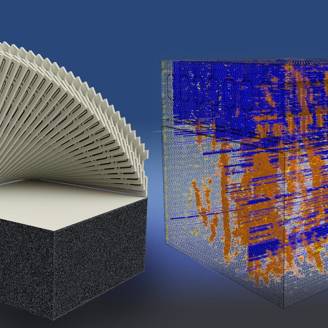 The photo is of a 3D-printed part -- a big grey block with a grey fan like structure coming out from the top. To the right shows a digital copy in an AI model. 