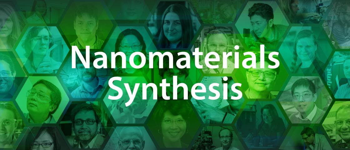 Nanomaterials Synthesis text over background graphic.