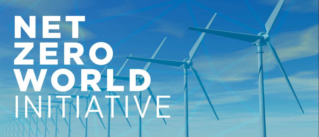Background shows wind mills in shallow water reflecting a blue sky, foreground has text that reads "Net Zero World Initiative"