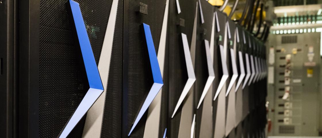 Close up image of the front of IBM cabinet doors on the Summit supercomputer.