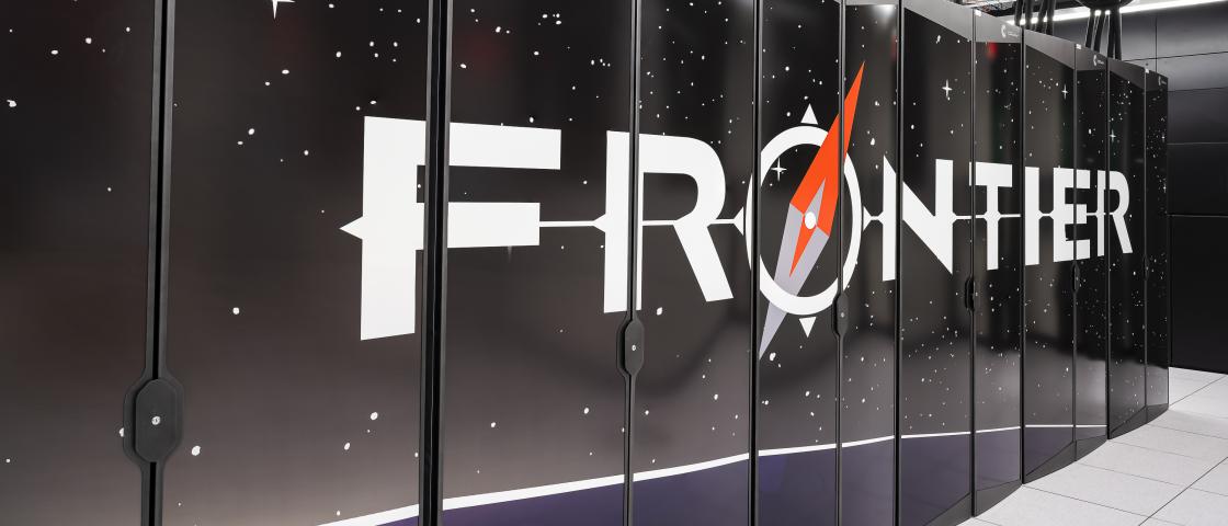 Front cabinets of Frontier showing logo against black background.
