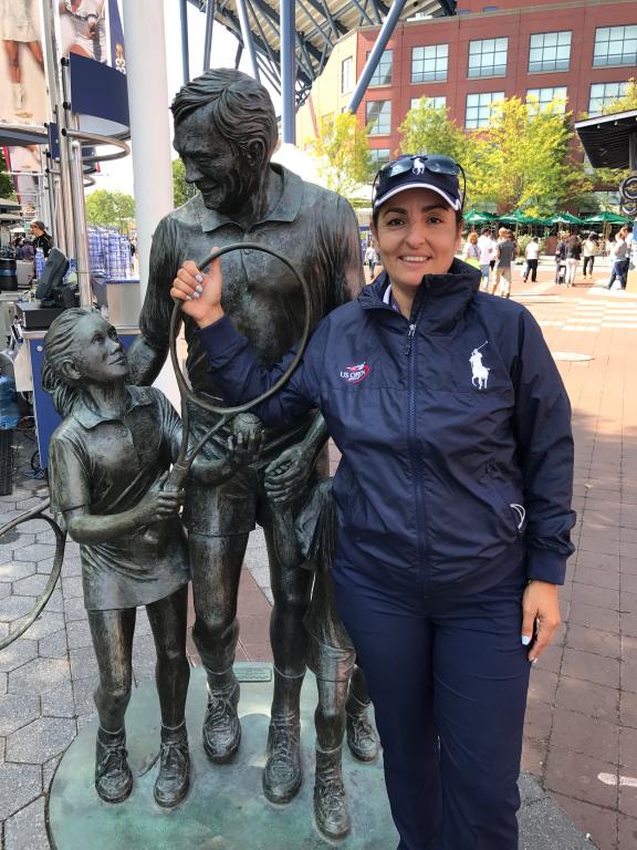 Isabelle Snyder with the “Inspiration” statue outside the Billie Jean King National Tennis Center, where the US Open Tennis Championships takes place each year. 