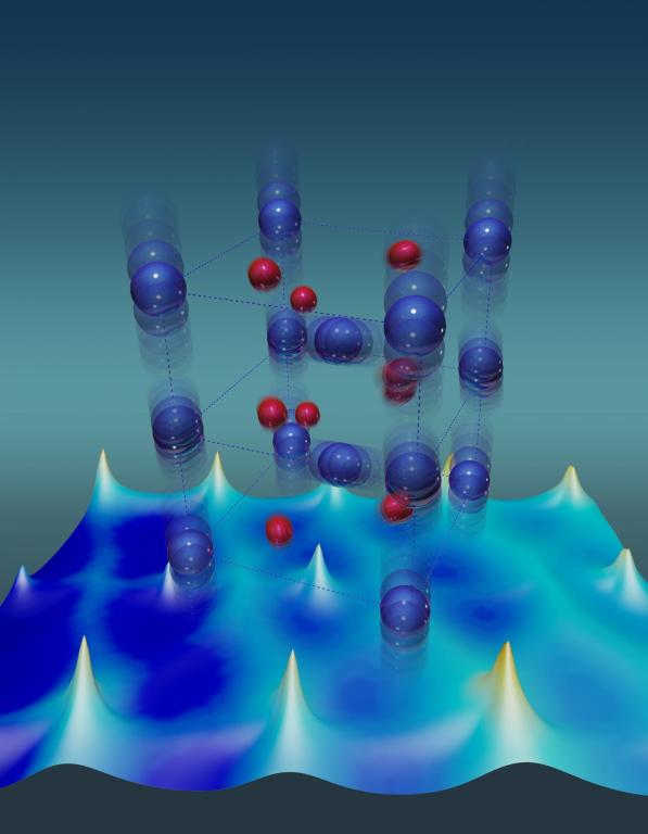 Vanadium atoms (blue) have unusually large thermal vibrations that stabilize the metallic state of a vanadium dioxide crystal. Red depicts oxygen atoms.