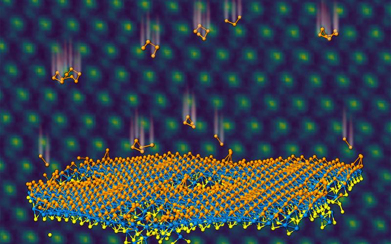 Selenium atoms, represented by orange, implant in a monolayer of blue tungsten and yellow sulfur to form a Janus layer. In the background, electron microscopy confirms atomic positions. Credit: Oak Ridge National Laboratory, U.S. Dept. of Energy