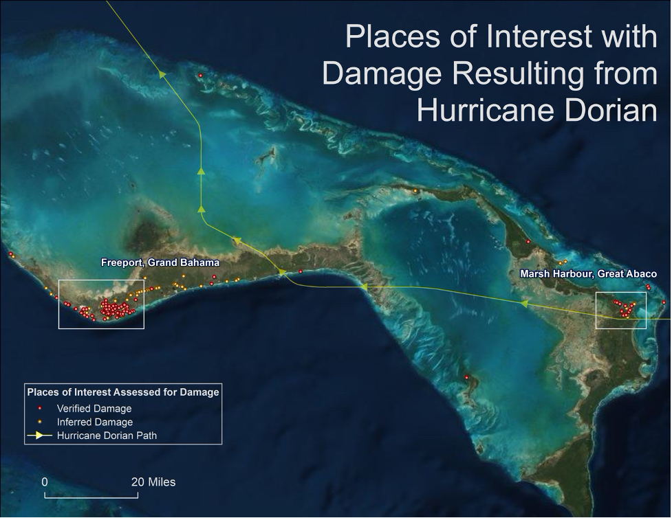 Map showing places of interest for hurricane damage.