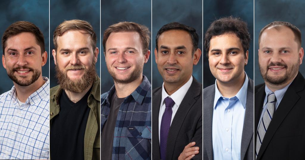 Innovation Crossroads Cohort 5 includes left to right: Caleb Alexander, DayLyte Batteries; Sam Evans, Unbound Water Technologies; Tommy Gibbons, Hempitecture; Shuchi “SK” Khurana, Addiguru; Forrest Shriver, Sentinel Devices; and Philip Stuckey, FC Renew.