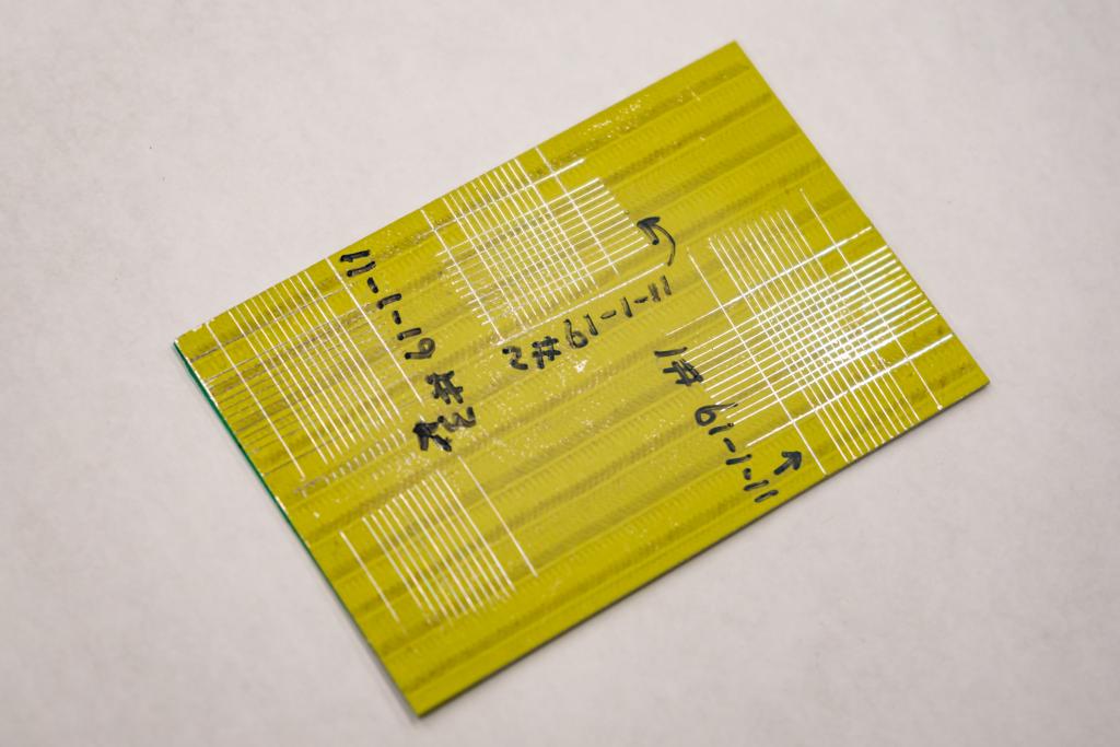 A primer-coated specimen shows marks from the laser system. Credit: Carlos Jones/ORNL, U.S. Dept. of Energy