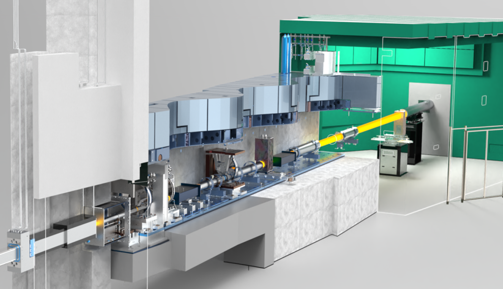 The artistic rendition above depicts the concrete slabs poured to support the optical devices, including the chopper systems. Credit: Jill Hemman, Tommy Thomasson III/ORNL