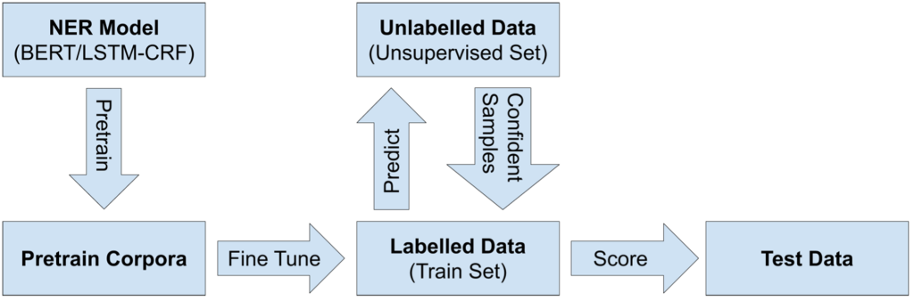 This figure illustrates our workflow for combining transfer learning and self-training to improve performance on biomedical NER tasks. CSED ORNL Computational Sciences and Engineering