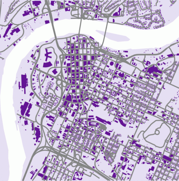 Using strategically placed traffic sensors, shown as gold spheres, the team assigned vehicle occupants to nearby buildings to estimate their populations and energy consumption. In the section of the city pictured here, 100 individuals, shown as purple spheres, are allocated to buildings adjacent to intersections. Credit: Andy Berres/ORNL, U.S. Dept. of Energy