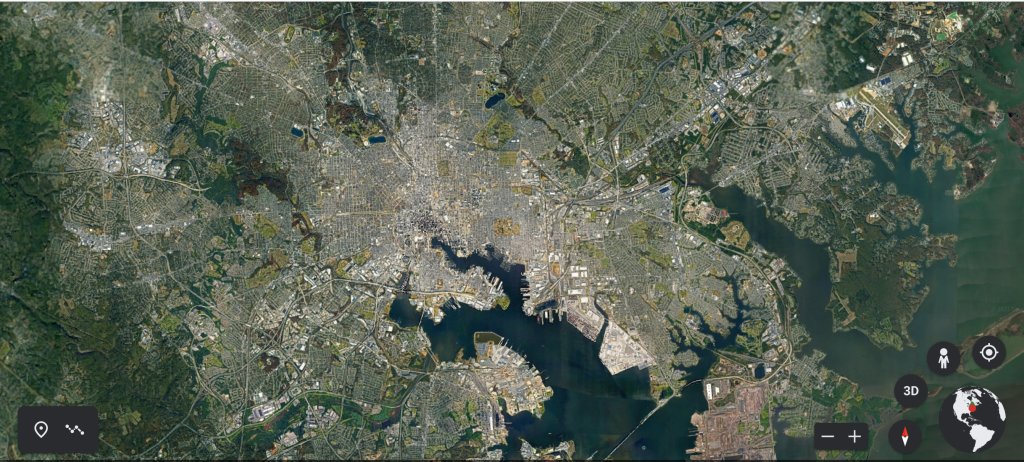 ORNL will use its land surface modeling tools to determine Baltimore’s climate risk and analyze green infrastructure improvements that can help mitigate impacts on underserved communities as part of a DOE Urban Integrated Field Laboratory project. Source: Google Earth, accessed Sept. 12, 2022