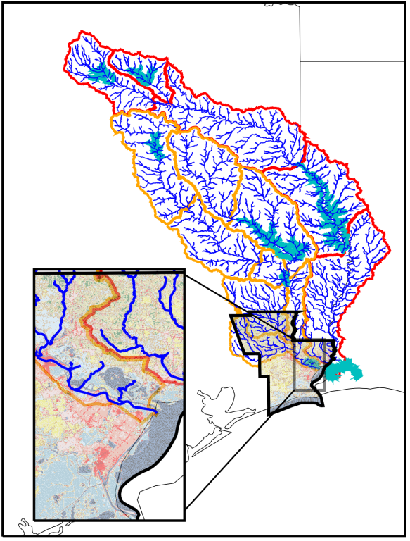 The Sabine and Neches River watersheds will be modeled by ORNL as part of a flooding risk analysis for the Beaumont/Port Arthur, Texas, area (see inset) in a DOE Urban Integrated Field Laboratory project. Credit: Ethan Coon/ORNL, U.S. Dept. of Energy