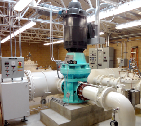 A hydropower turbine is installed into an existing drinking water distribution system in Palmdale, California. Credit: Canyon Hydro