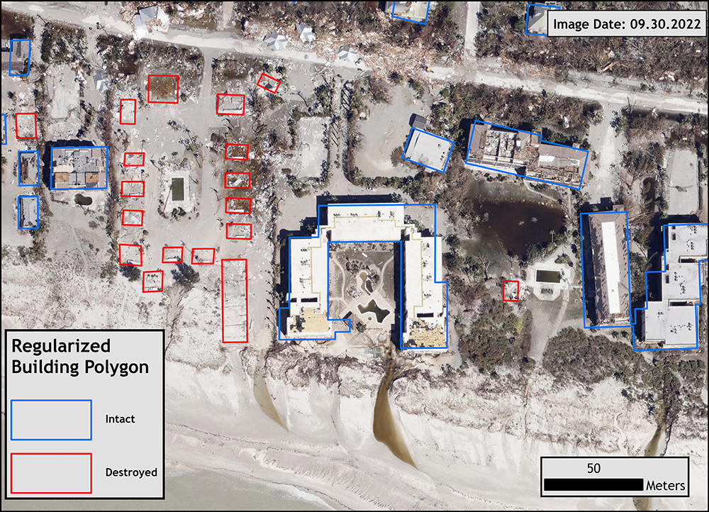 This image from Sept. 30, 2022, shows how the Federal Emergency Management Agency uses ORNL's USA Structures dataset along with new satellite images to identify structures that were destroyed along Fort Myers Beach, Florida, during Hurricane Ian. Credit: ORNL, U.S. Dept. of Energy