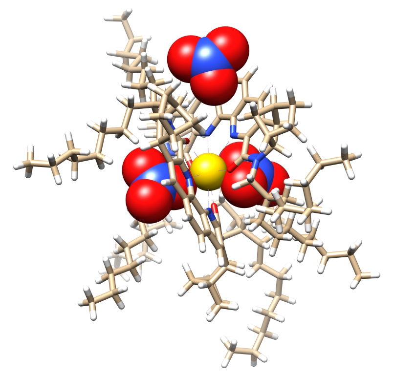 Researchers observed T-shaped clusters that drive lanthanide separation during liquid-liquid extraction. Credit: Alex Ivanov/ORNL, U.S. Dept. of Energy