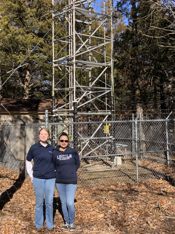 Lincoln University of Missouri students Amy Haslag (left) and Jovita Desha at the Missouri Ozark Ameriflux site, where they will capture data to be modeled with training from ORNL scientists. Credit: Lincoln Univ. of Missouri