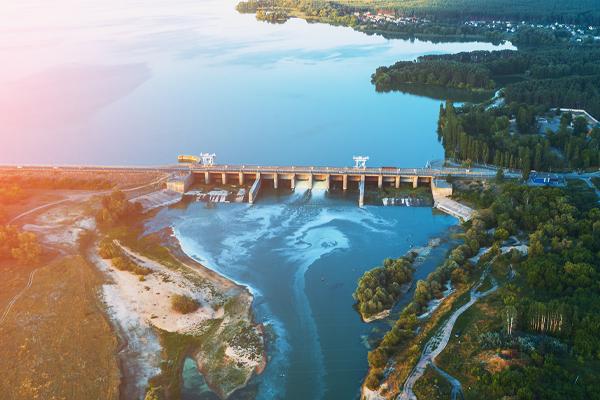 Aerial view of a dam at a reservoir