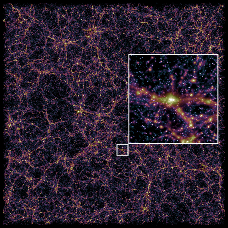 This cosmological hydrodynamic simulation produced by CRK-HACC is actually a snapshot of the universe. A large cluster is zoomed in. The targeted simulation on Frontier will be 140 times larger, with hundreds of thousands of clusters. Credit: Michael Buehlmann/HACC Argonne