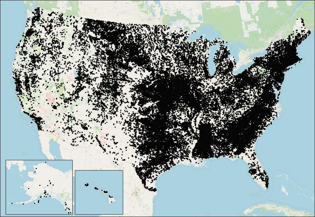 Hydropower potential among non-powered dams is plotted according to National Inventory of Dams