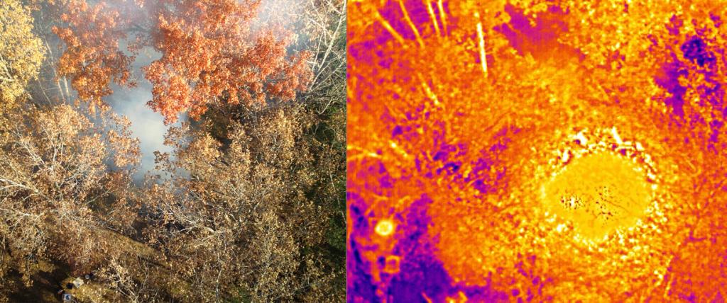 Two block photo, with left block showing smoke through trees from overhead and right block showing a heat image from overhead that shows the fire location in bright orange