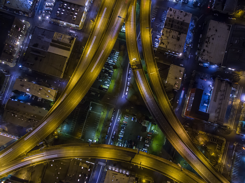 Portland, Oregon, highway interchange at night