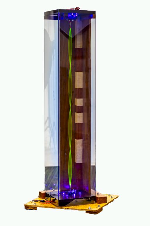 Starr’s critical frequencies demo unit in action, showing the fourth critical inflection point, as indicated by the three nodes. Criticals occur when the rotational speed corresponds to a natural frequency. Criticals are important phenomenon to understand in the operation of a gas centrifuge. Credit: Carlos Jones/ORNL, U.S. Dept. of Energy