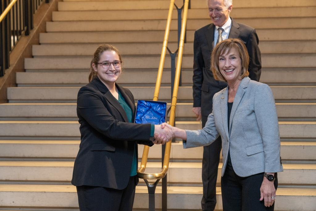 ORNL Deputy for Science and Technology Susan Hubbard, right, congratulates Janet Meier on her National Lab Research SLAM win. Credit: Blaise Douros, Lawrence Livermore National Laboratory 